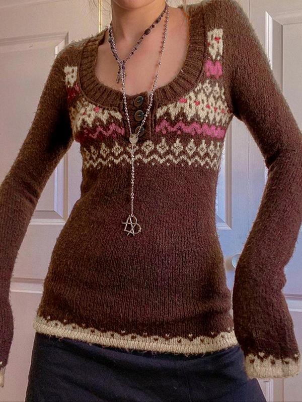 Women's Geometric Jacquard Button Front Scoop Neck Sweater, Casual Long Sleeve Jumper for Fall & Winter, Fashion Ladies' Knitwear for Daily Wear