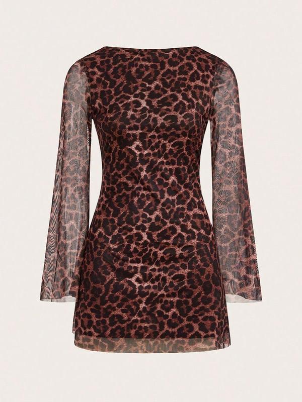 Women's Leopard Pattern Flounce Sleeve Boat Neck Tulle Dress, Wedding Guest Dress Casual Tie Back Backless Long Sleeve Dress for Daily Outdoor Wear, Women Dress for Fall, Casual Dress for Daily Wear