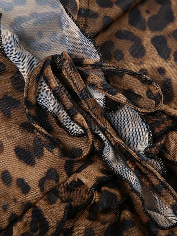 Women's Leopard Print Tulle Blouse, Sexy Fashion Long Sleeve Tie Front Top for Daily Outdoor Wear, Women Clothing for Fall