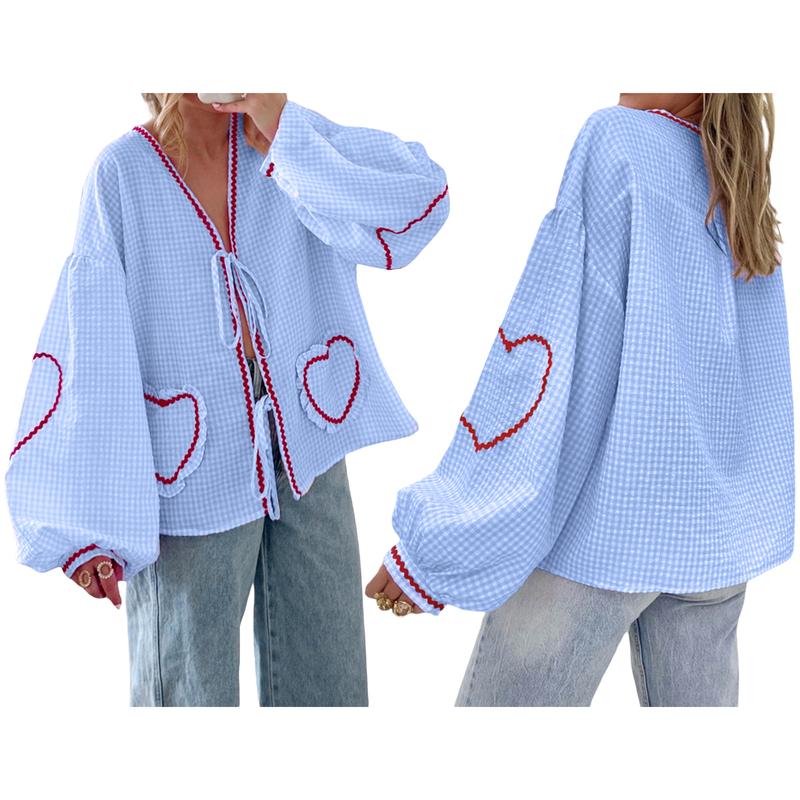 Women Long Sleeve Shirts Heart Embroidery Plaid Front Bowknot Tie-Up Blouses Fashion Spring Summer Casual Tops