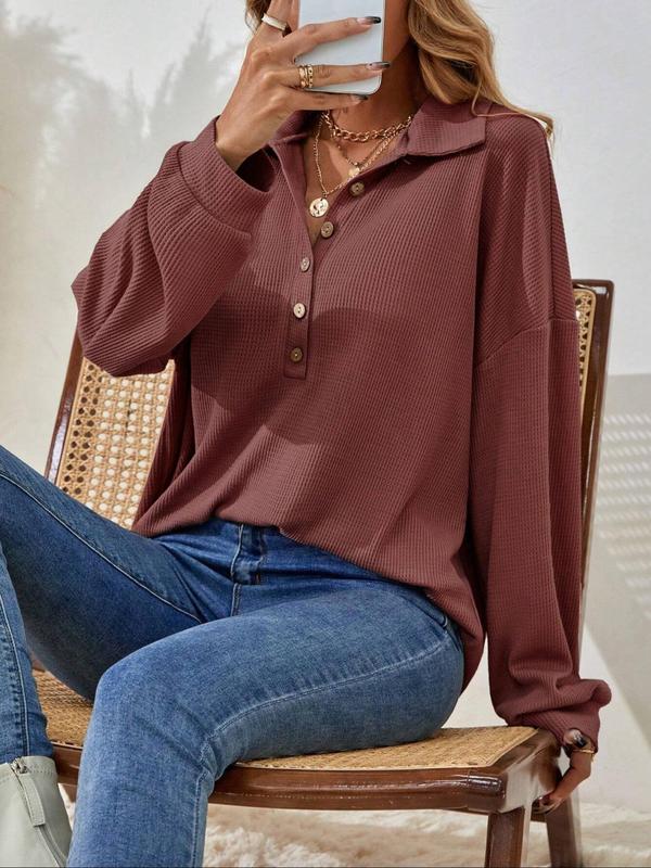 Women's Plain Half Button Drop Shoulder Tee, Casual Long Sleeve Collared Top for Spring & Fall, Women's Clothing for Daily Wear