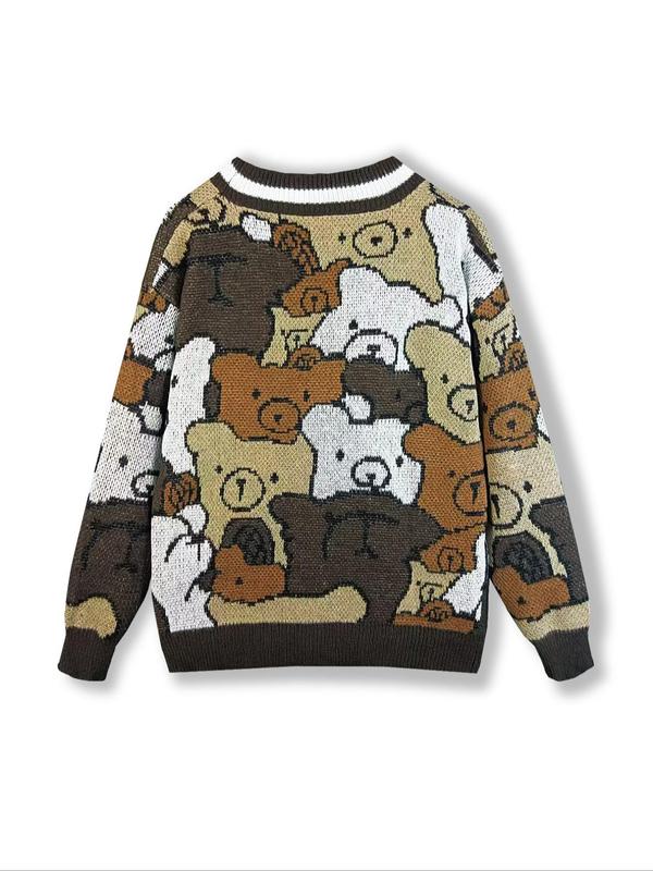 Women's Cartoon Bear Print Button Front Cardigan, Cute Casual Long Sleeve V Neck Knitwear for Fall & Winter, Cardigan for Women, Women's Knit Clothing for Daily Wear
