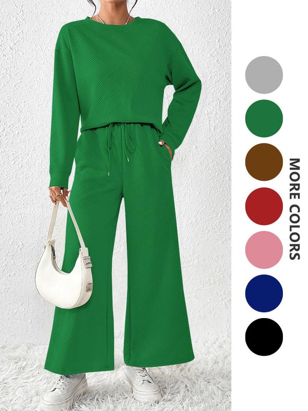 Two-piece Set  Women's Solid Textured Drop Shoulder Pullover & Wide Leg Pants, Casual Fashion Cozy Round Neck Long Sleeve Top & High Waist Trousers for Daily Outdoor Wear, Women's Sweatsuit Set Outfit for Fall & Winter