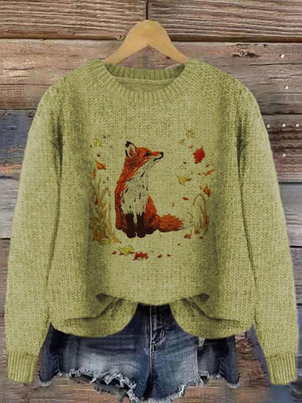 Women's Fox & Leaf Print Drop Shoulder Sweater, Casual Long Sleeve Round Neck Jumper for Fall & Winter, Fashion Ladies' Knitwear for Daily Wear