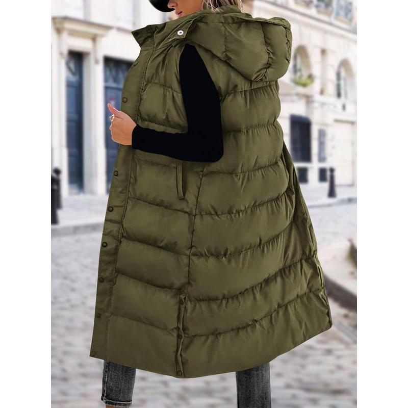 Women's Long Puffer Vest with Quilted Hood and Button Down Closure for Winter Coat 2024 - Tops, Womenswear
