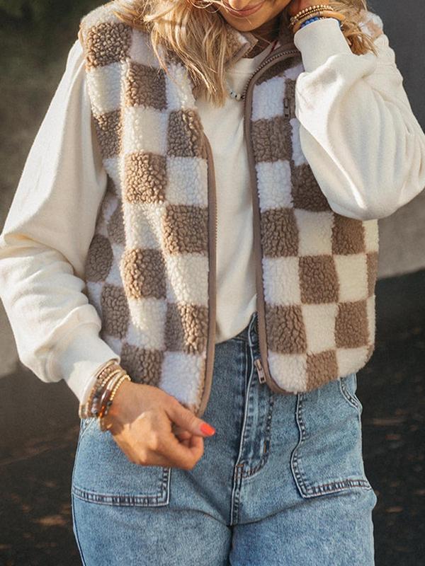 Women's Checkerboard Print Zip Up Fuzzy Vest Jacket, Casual Sleeveless Collared Outerwear for Winter, Ladies Clothes for Daily Wear