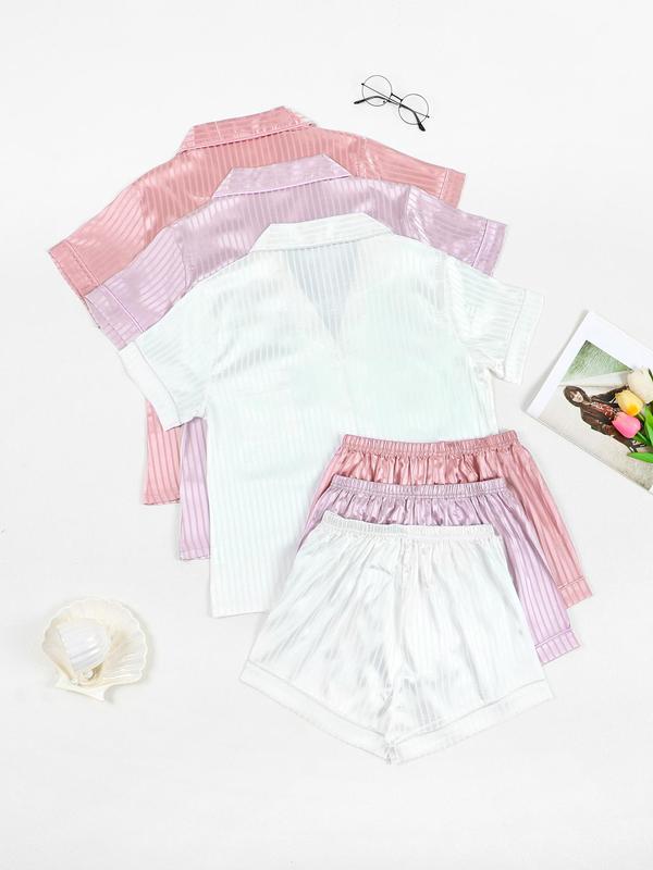 Women's Solid Color Lapel Neck Button Front Pocket Shirt & Elastic Waist Shorts Satin Pyjama Set, Casual Comfy Short Sleeve Top & Shorts Pj Set, Ladies Summer Sleepwear