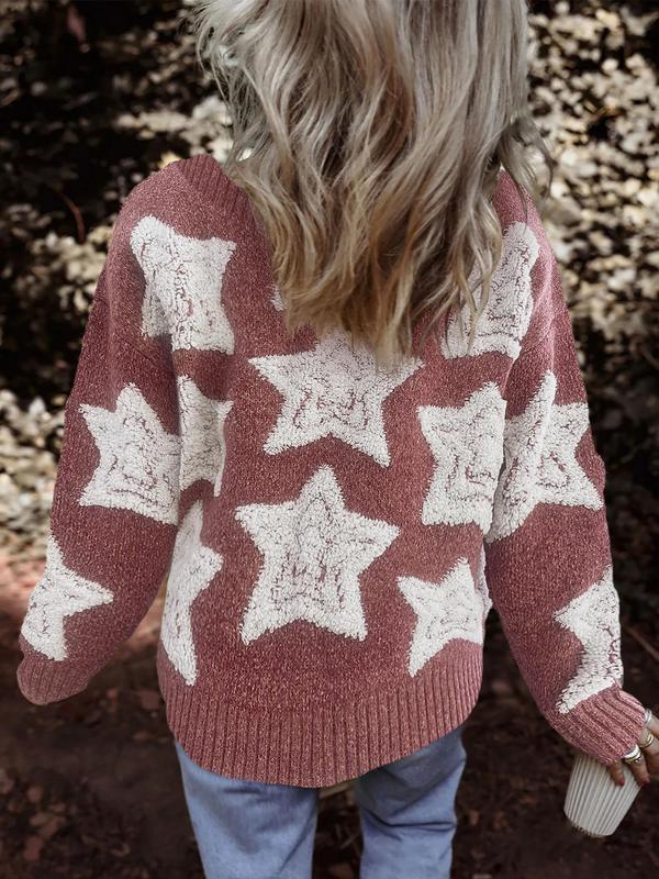 Women's Star Jacquard Button Front Pocket Cardigan, Casual Drop Shoulder V Neck Knitwear for Fall & Winter, Fashion Ladies' Knit Clothing for Daily Wear, Preppy 80s Clothes