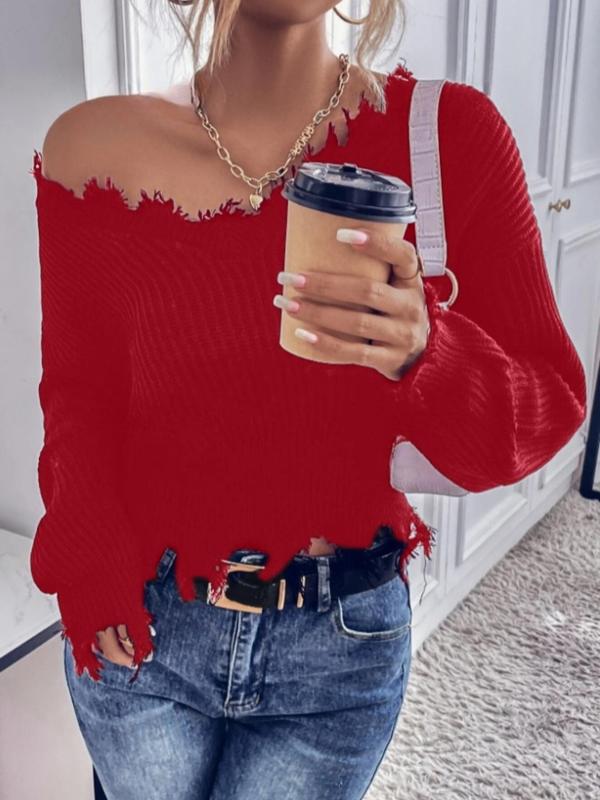 Women's Plain One Shoulder Drop Shoulder Sweater, Casual Long Sleeve Raw Hem Jumper for Daily Outdoor Wear, Ladies Knitwear for All Seasons