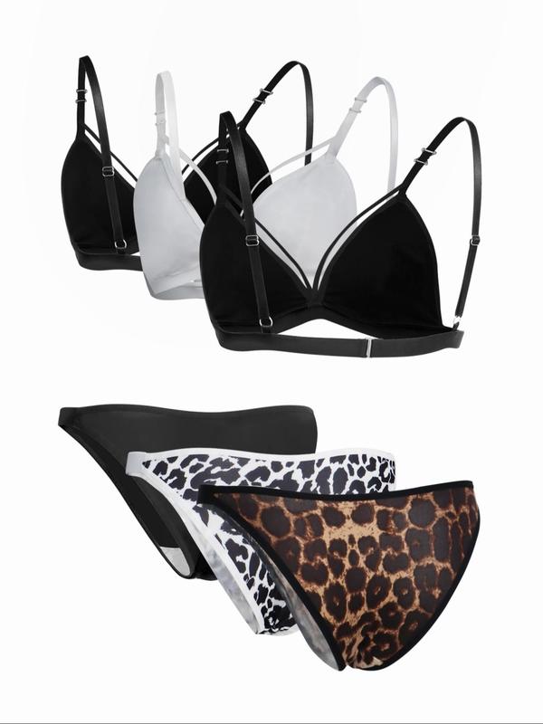 Women's Leopard Print Triangle Bra & Panty Underwear Set, Soft Comfy Seamless Breathable Push Up Bra & Panty Set, Lingerie Set for Women