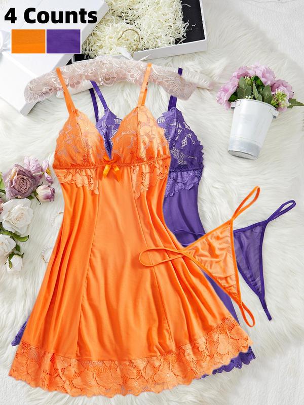 Women's Contrast Lace Cami Nightdress & Thong Sexy Sleepwear Set, Breathable Nighty Dress & Panty Set, Women's Sleepwear for All Seasons