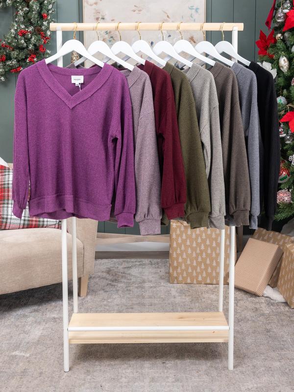 Andree Ribbed Hacci V-Neck Long Sleeve Pullover | S - 3X