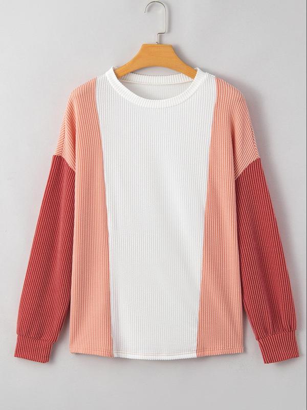 Women's Colorblock Ribbed Knit Sweater, Casual Long Sleeve Crew Neck Jumper for Fall & Winter, Fashion Ladies' Knitwear for Daily Wear