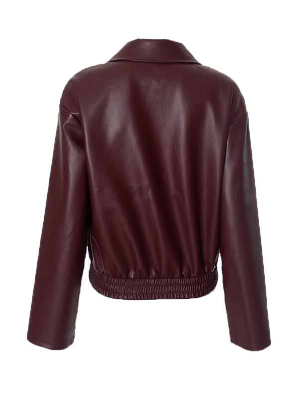 Women's Solid Color Pu Leather Jacket, Casual Fashion Long Sleeve Zipper Outerwear for Fall & Winter, Ladies Clothes for Daily Wear