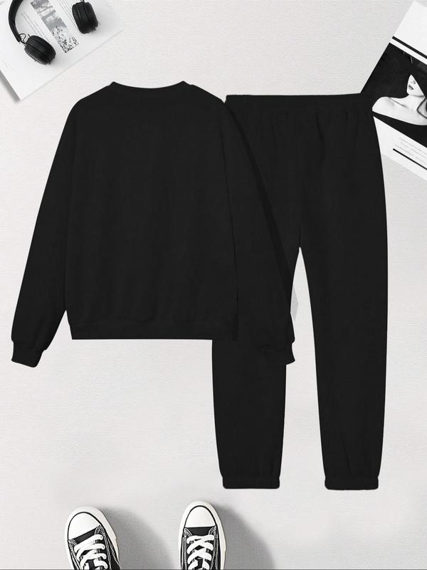 Women's Letter Print Drop Shoulder Sweatshirt & Elastic Waist Sweatpants Two-piece Set, Casual Fashion Cozy Round Neck Long Sleeve Pullover & Pocket Jogger Pants for Daily Wear, Women's Two-piece Outfits for Fall & Winter