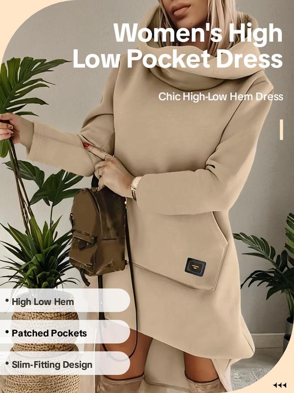 Women's Solid Patched Pocket High Low Hem Dress, Casual Long Sleeve High Neck Dress for Fall & Winter, Women's Clothing for Daily Wear