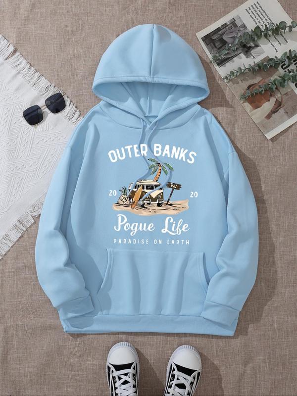 Women's Letter & Car Print Drop Shoulder Hoodie, Fashion Casual Drawstring Pocket Hooded Sweatshirt for Daily Holiday Outdoor Wear, Ladies Clothes for Fall & Winter