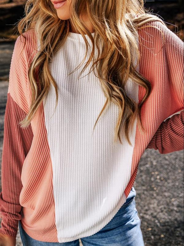 Women's Colorblock Ribbed Knit Sweater, Casual Long Sleeve Crew Neck Jumper for Fall & Winter, Fashion Ladies' Knitwear for Daily Wear