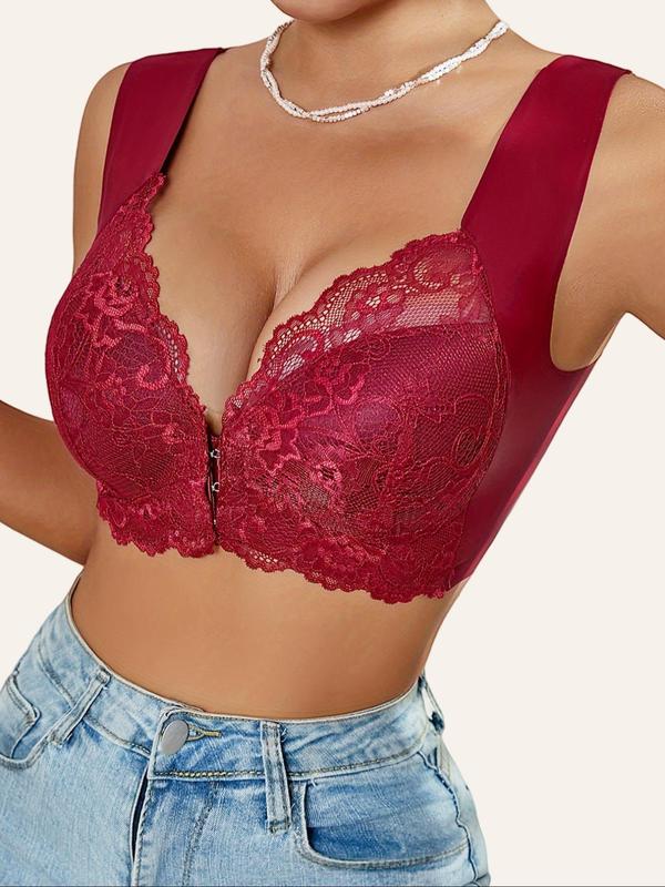 Women's Solid Contrast Lace Front Opening Design Wireless Bra, Casual Comfortable Breathable Push Up Bra, Ladies Lingerie for All Seasons