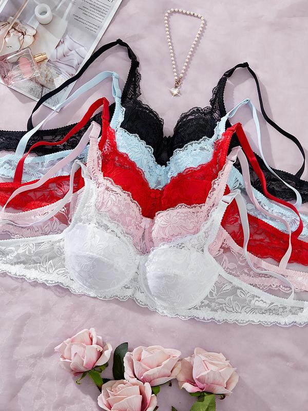 Women's Contrast Lace Adjustable Strap Underwire Bra, Breathable Comfortable Solid Color Lingerie Top for Daily Wear, Underwear for All Seasons