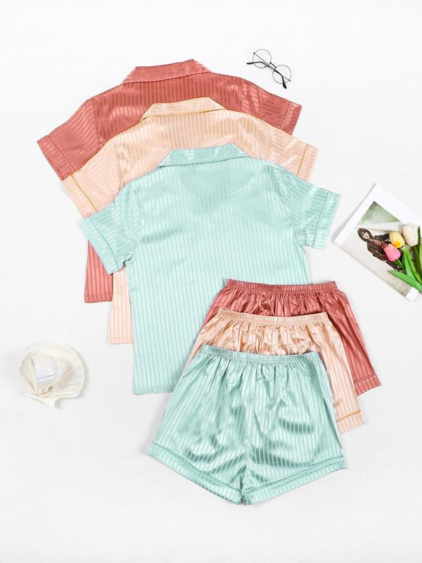 Women's Solid Color Lapel Neck Button Front Pocket Shirt & Elastic Waist Shorts Satin Pyjama Set, Casual Comfy Short Sleeve Top & Shorts Pj Set, Ladies Summer Sleepwear