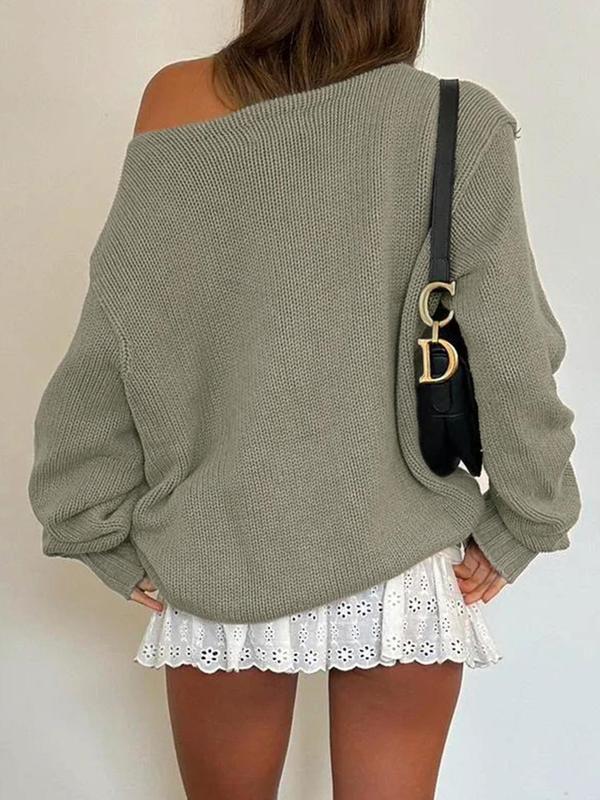 Women's Letter Print Drop Shoulder Sweater, Casual Asymmetrical Neck Long Sleeve Jumper for Fall & Winter, Sweaters for Women, Women's Winter Sweaters 2024, Fashion Ladies' Knitwear for Daily Wear