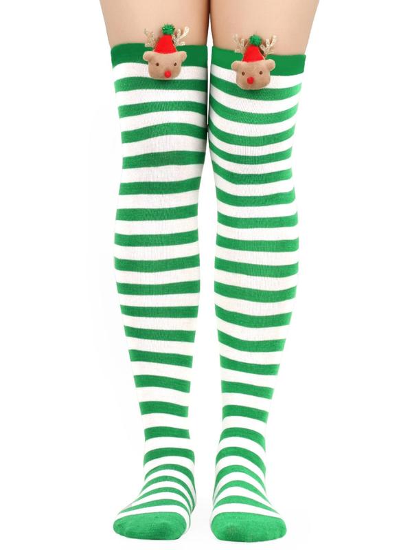 4 Pairs Christmas High Thigh Socks Women's Plain Striped Print Over The Knee Socks, Casual Comfy Breathable Halloween Pumpkin Decor High Stretch Socks for Holiday Party, Ladies Socks for Fall & Winter