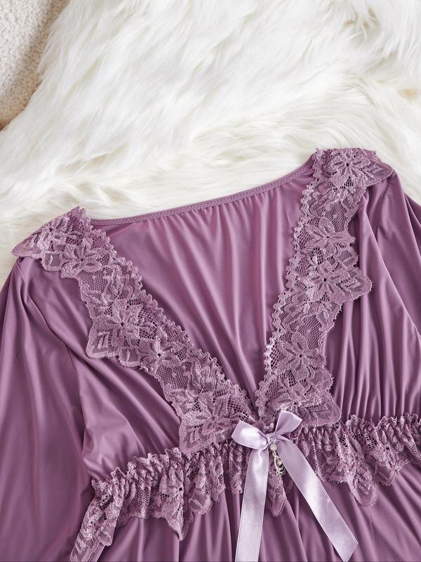  Floral Lace Bow Front Nightdress, Casual Soft Comfortable Deep V Neck 3 4 Sleeve Nightgown for Women, Women's Sleepwear for All Seasons