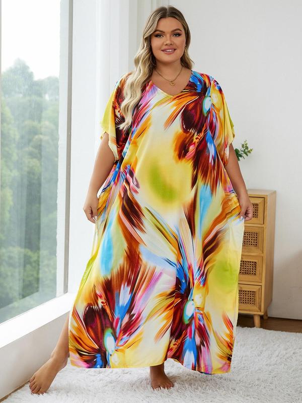  Ethnic Pattern Batwing Sleeve Kaftan Dress, Casual Boho V Neck Split Hem Dress, Dress in Club, Dresses for Women, Summer Dresses 2024, Summer Outfits 2024, Lady Swimwear for Summer Beach Vacation Black Girl Outfits Moo Moo Dresses