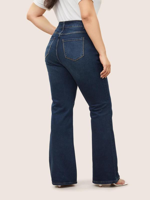  Solid Button Pocket Flare Leg Jeans, Casual Comfy Denim Jeans for Daily Wear, Women's Bottoms for All Seasons