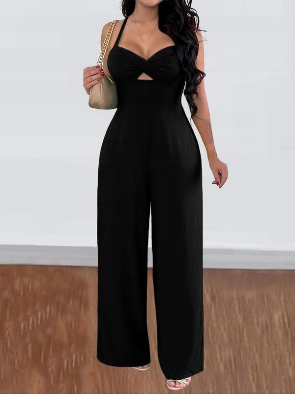 Women's Solid Criss Cross Cut Out Tie Back Cami Jumpsuit, Casual Fashion Sleeveless Jumpsuit for Summer, Women's Clothing for Daily Wear