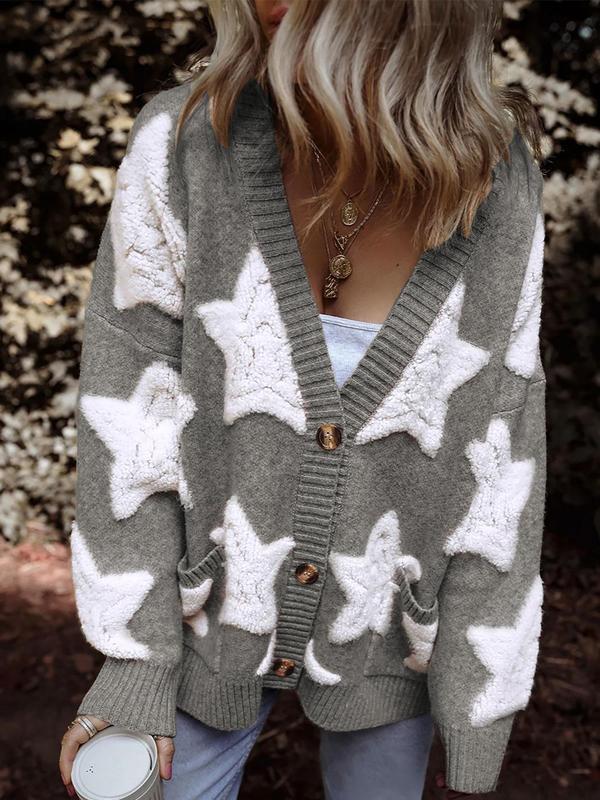 Women's Star Jacquard Button Front Pocket Cardigan, Casual Drop Shoulder V Neck Knitwear for Fall & Winter, Fashion Ladies' Knit Clothing for Daily Wear, Preppy 80s Clothes
