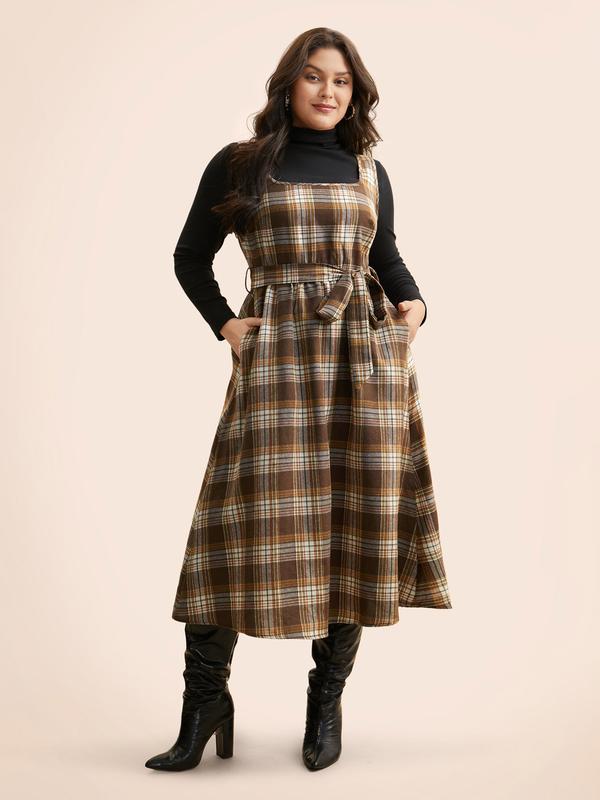 BloomChic Square Neck Plaid Belted Dress