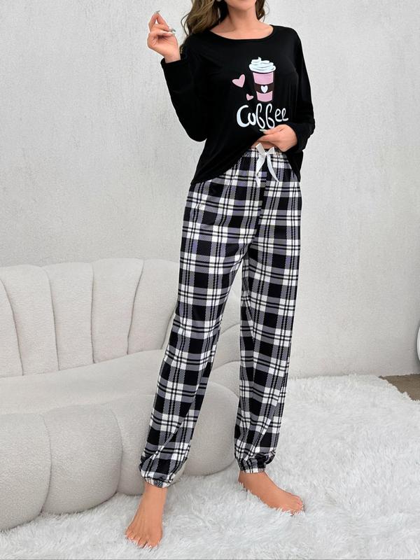 Two-Piece Set Women's Coffee Print Pajama Set, Casual Long Sleeve Tee & Bow Decor Pants for Daily Home Wear, Women's Sleepwear & Loungewear Set for Spring & Fall