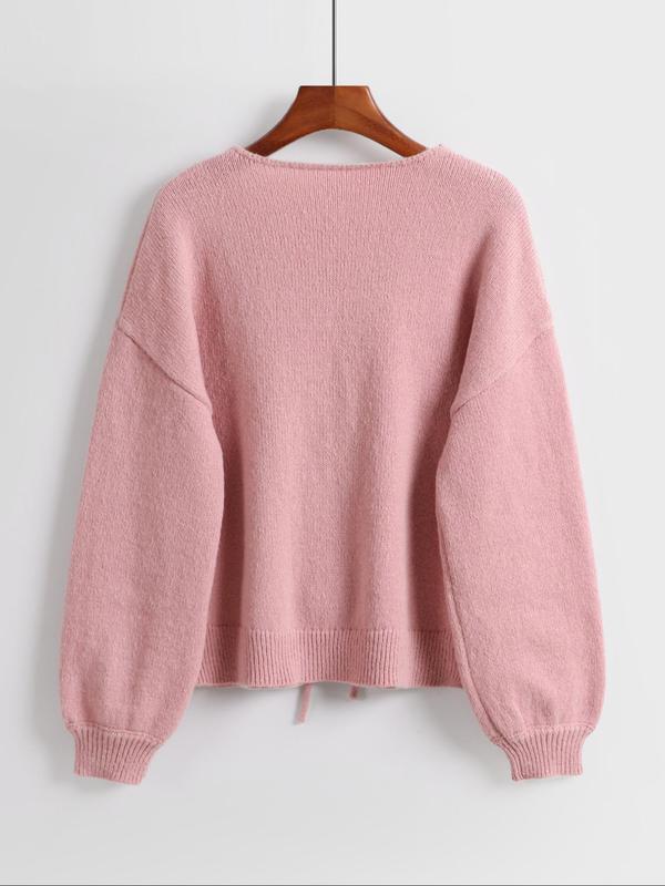Women's Plain Tie Front Drop Shoulder Cardigan, Casual Long Sleeve V Neck Knitwear for Daily Wear, Ladies Clothes for All Seasons
