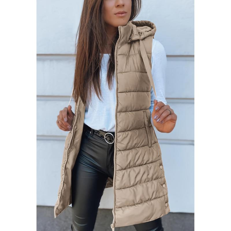Zip Up Drawstring Hooded Puffer Vest, Casual Sleeveless Mid Length Winter Vest With Pocket, Women's Clothing
