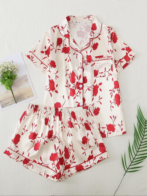 Two-Piece Set Women's Floral Print Pocket Soft Satin Pyjama Set, Summer Clothes Women, Casual Button Front Top & Elastic Waist Shorts, Women's Sleepwear for Summer