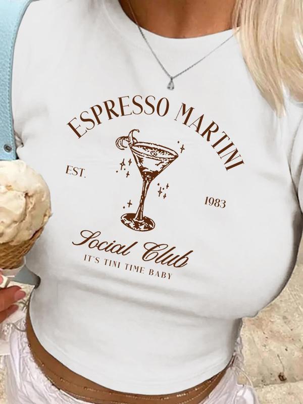 Women's Letter & Martini Graphic Tee, Casual Short Sleeve Round Neck T-Shirt for Daily Wear, Ladies Clothes for All Seasons