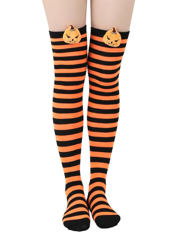 4 Pairs Christmas High Thigh Socks Women's Plain Striped Print Over The Knee Socks, Casual Comfy Breathable Halloween Pumpkin Decor High Stretch Socks for Holiday Party, Ladies Socks for Fall & Winter