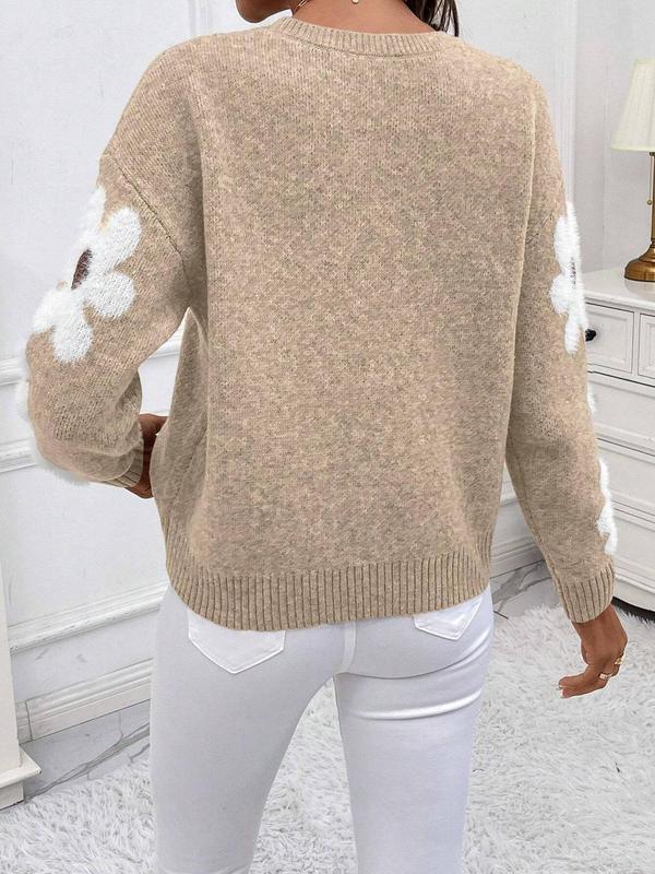 Women's Floral Jacquard Drop Shoulder Sweater, Casual Long Sleeve Round Neck Jumper for Fall & Winter, Fashion Ladies' Knitwear for Daily Wear