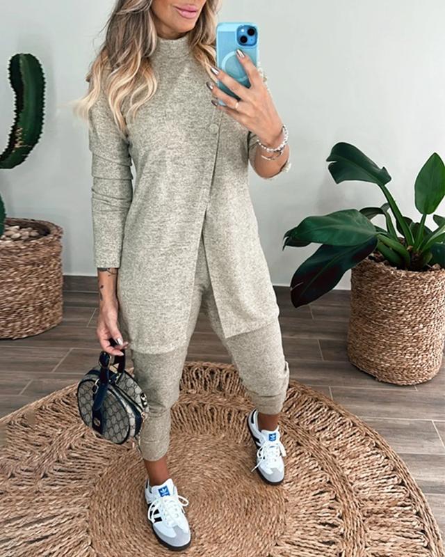 ChicMe Women's  2 Piece Outfits Long Sleeve Mock Neck Button Detail Slit Top Stretchy High Waist Cuffed Pants Lounge Sets Womenswear Bottom