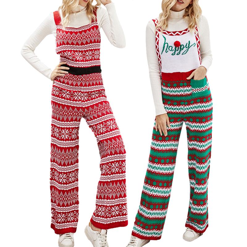 2024 New Women Ladies Girls  Fashion Christmas Knitted Bib Overalls Bodysuits Snowflake Print Loose Straight Leg Jumpsuit Romper Pants with Pockets for Streetwear lace jumpsuit Sleeveless