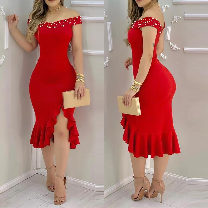 ChicMe Women's Cold Shoulder Pearls Strap Bodycon Dress Cowl Neck Ruffle Hem Cocktail Evening Party Dresses Fabric Formal
