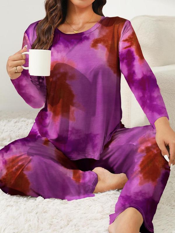  Tie Dye Print Tee & Pants Loungewear Set, Casual Comfy Round Neck Long Sleeve Top & Trousers PJ Set, Women's Sleepwear for Spring & Fall