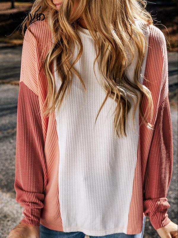 Women's Colorblock Ribbed Knit Sweater, Casual Long Sleeve Crew Neck Jumper for Fall & Winter, Fashion Ladies' Knitwear for Daily Wear