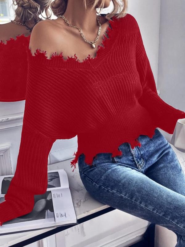 Women's Plain One Shoulder Drop Shoulder Sweater, Casual Long Sleeve Raw Hem Jumper for Daily Outdoor Wear, Ladies Knitwear for All Seasons