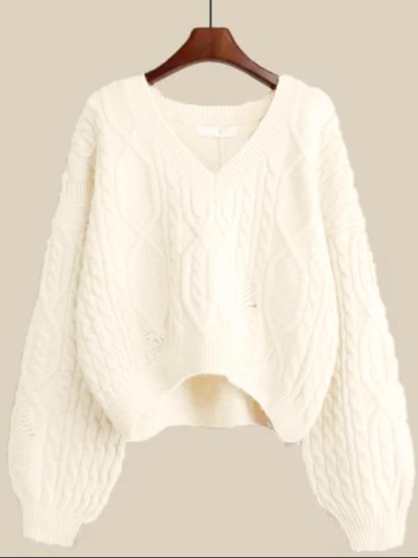 Women's Plain Drop Shoulder High Low Cable Knit Sweater, Casual Textured Long Sleeve V Neck Jumper for Spring & Fall, Fashion Women's Knitwear for Daily Wear