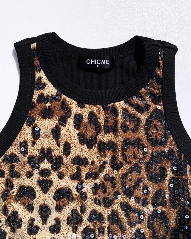 ChicMe Women's Contrast Sequin Leopard Pattern O-neck Sleeveless Tank Tops Slim Fitted Shirt