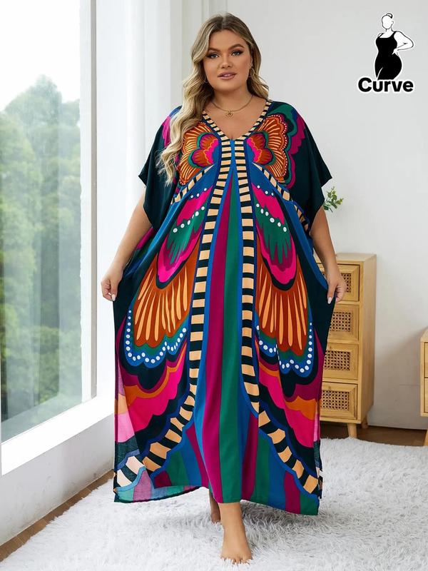  Ethnic Pattern Batwing Sleeve Kaftan Dress, Casual Boho V Neck Split Hem Dress, Dress in Club, Dresses for Women, Summer Dresses 2024, Summer Outfits 2024, Lady Swimwear for Summer Beach Vacation Black Girl Outfits Moo Moo Dresses