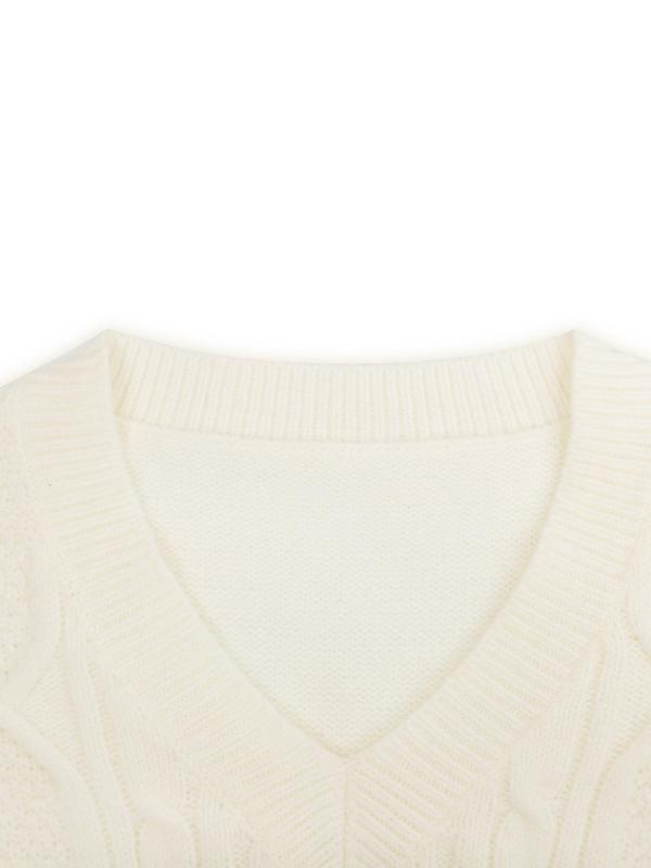 Women's Plain Drop Shoulder High Low Cable Knit Sweater, Casual Textured Long Sleeve V Neck Jumper for Spring & Fall, Fashion Women's Knitwear for Daily Wear
